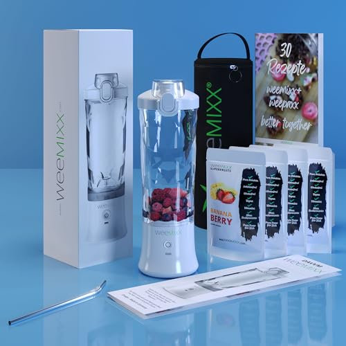 weemixx Lifestyle Batidora portátil y mini batidora, diseño premio, eléctrico sin cable, motor de potencia de 18.000 rpm, 6 cuchillas de acero inoxidable, USB, botella irrompible de 600 ml, tapa de