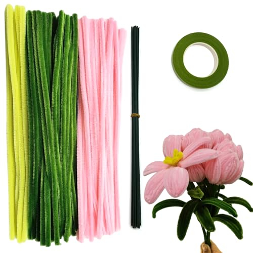 Swpohrat Pfeifenreiniger, Blumen-Set, Chenille-Stiel, Pfeifenreiniger-Set für Tulpen, Lilien, Blumensträuße, Bastelprojekte und Urlaubsdekorationen, 210-teilig (Rosa + Grün)