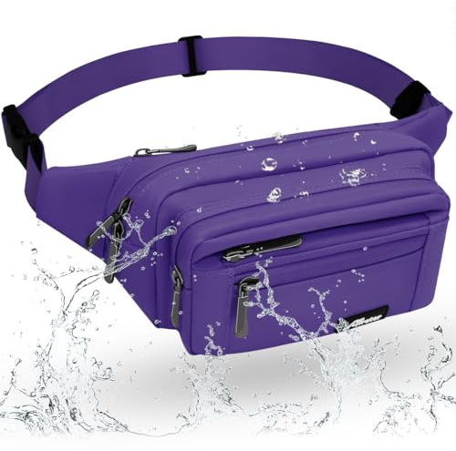 REETEE Sac Banane Homme Imperméable Sacoche Banane avec 5 Poches et Sangle Réglable, Grande Capacité Sac Banane pour Homme Femme Voyage Randonnée Pochette Ceinture (A-Violette)