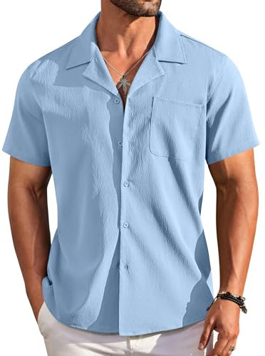 COOFANDY Men's Shirts Summer Casual Short Sleeve Solid Shirt Button Down Holiday Beach Tops Blue L