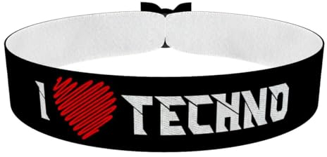I Love Techno schwarz Stoffarmband - Festivalarmband - Satinarmband für Musikliebhaber - Techno Merchandise - unisex Armband - Party Zubehör - modisches Statement-Armband
