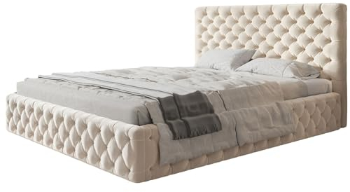 AlpiMeble Polsterbett Miami Slim mit Kopfteil, 180 x 200 cm, Doppelbett mit Bettkasten und Lattenrost aus Holz, Farbe: Beige, Velourestoff