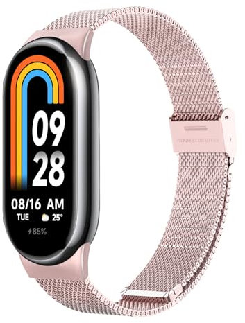 Astorgos Bracelet en Métal Compatible avec Xiaomi Mi Band 9/Mi Band 8, Bracelet en Maille Milanais, Bracelet de Remplacement en Acier Inoxydable avec Fermoir, Rose