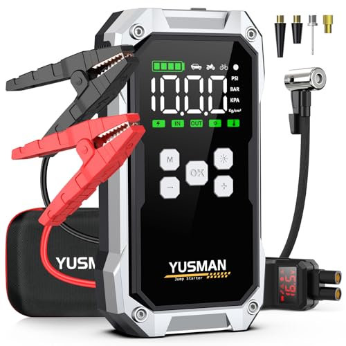 YUSMAN Booster Batterie Voiture - 7000A Démarreur de Voiture 12V(Jusqu'à All GAS/10.0L Diesel), Démarreur avec 150 PSI Compresseur d’Air, Jump Starter avec Pinces de Sûreté Intelligentes, Lampe à LED