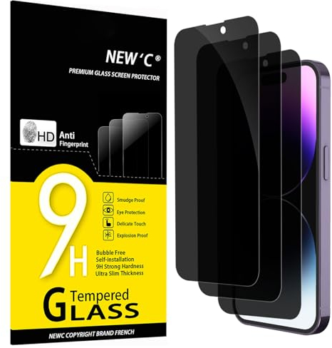 NEW'C 3 Piezas, Protector Pantalla privacidad para iPhone 14 Pro (6,1 Pulgadas), Ángulo de Privacidad 35 Grados Equilibrado con Protección Ocular, Dureza Ultra Duradera 9H, Sin Burbujas