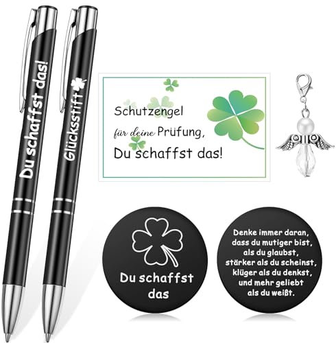 Tenare Mutmacher Geschenk Set Motivation Kugelschreiber Schutzengel Anhänger Kleeblatt Glücksbringer Du Schaffst Das für Abi Prüfung Freund Kollege Abschied (Schwarz, Glücksstift)