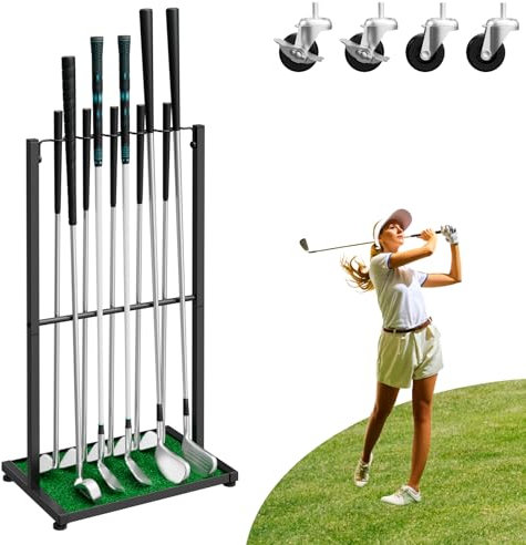 Golf Putter Stand, Golf Club Rack for 10 Cues, Golf Club Holder Display Rack with Artificial Grass Mat, Golf Club Organizer for Indoor Outdoor, Home Office, Garage, Club Simulator, Black