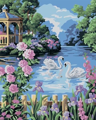 Yoonqun Malen Nach Zahlen Erwachsene,Park Schwan Blumen DIY ohne Rahmen Ölgemälde auf Leinwand Erwachsene Kinder Ölgemälde Kit mit Pinseln und Acrylfarbe für Home Décor 40x50cm
