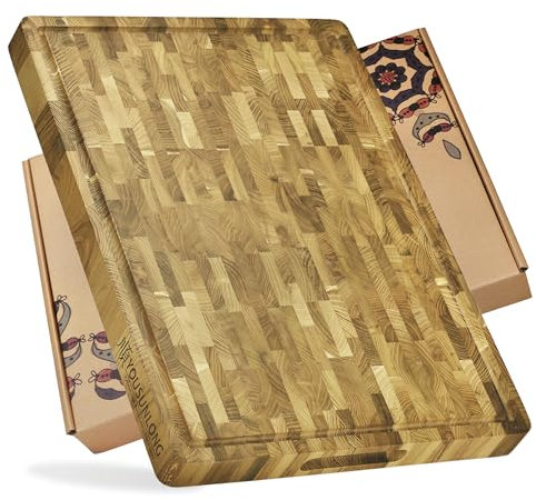 YOUSUNLONG Schneidebrett - XXL Großes End-Grain Teakholz Fleischer-Block - 61L x 46B x 3,8D cm - Schneidebrett für die Küche mit Saftrillengriffen - Käsebrett & Kochfeldbrett