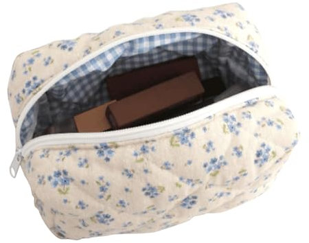 LunarCharm Süße kleine Florale Schminktasche aus Baumwolle, Gesteppte Reißverschlusstasche mit blauen Blumen – niedliche Reise-Kosmetiktasche für die Geldbörse