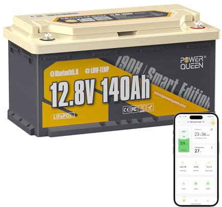 Power Queen 12V 140Ah LiFePO4 Batteria con Bluetooth, 150 A BMS & Max.1920 W Potenza, Protezione contro basse temperature Batteria al litio con 189 mm di altezza per campeggio, camper, barca