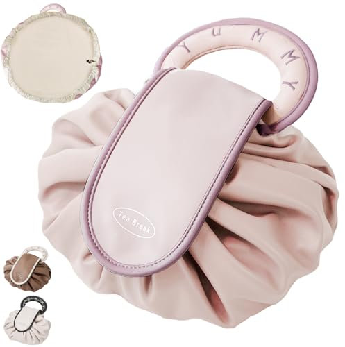 AUNGKWANG Sac de Maquillage avec Cordon de Serrage, Rose Trousse de Toilette Ronde, Trousse Maquillage Voyage, Organisateur de Rangement de Maquillage pour Femme Fille