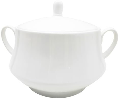Elegant Ceramic Soup Tureen Set White Porcelain Serving Bowl with Lid Bone China Soup Server for Kitchen Microwave and Dishwasher Safe 2.6 Quart Capacity