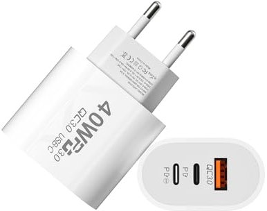 Caricatore USB-C 40W rapido - 3 porte (2 tipo C + 1 tipo A), adattatore di alimentazione universale compatibile PD & QC3.0 con cavo di ricarica rapida 1 m (offerto) per smartphone, tablet e PC