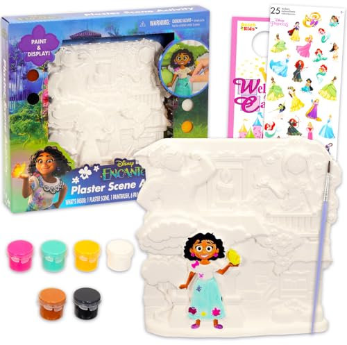 Disney Encanto Kit d'activités de peinture sur plâtre – Kit de peinture à faire soi-même avec scène de plâtre, pinceau, capsules de peinture, autocollants, plus encore Encanto Casita Kit d'artisanat