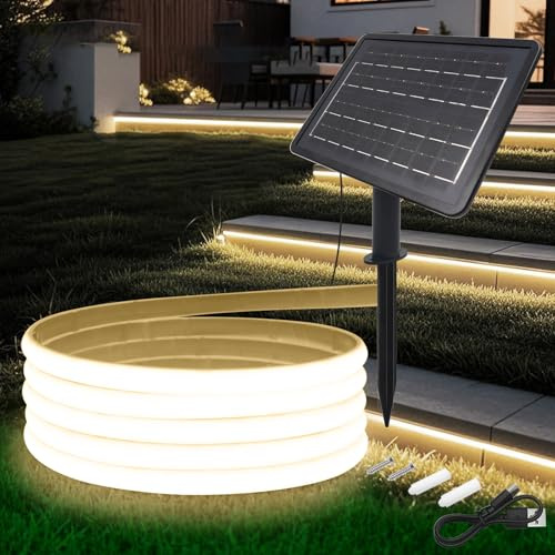 HEGEHE 24V Striscia solare esterna [10M, bianco naturale], IP68 impermeabile striscia neon COB LED flessibile per interni, 7200MAH, 8 modalità di illuminazione, illuminazione giardino/patio/balcone