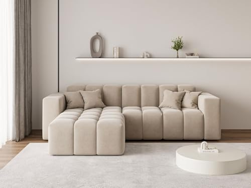GRAINGOLD Loopo Ecksofa 265x180 cm, L-Form Sofa, Ecksofa für Wohnzimmer, Velour, 3-Sitzer Eckcouch, Modernes Design (Beige, Links)