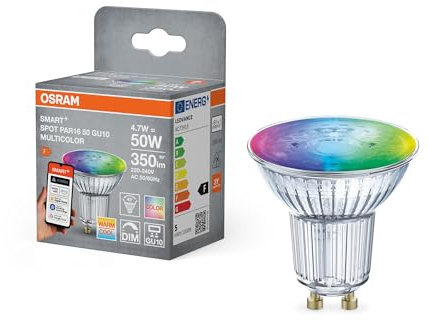 Osram SMART+ LED-Spot, GU10, 4.7W, RGBW, Reflektorform, WiFi, steuerbar per App und Sprachassistenten wie Alexa, Google Home, dimmbar, mit Matter