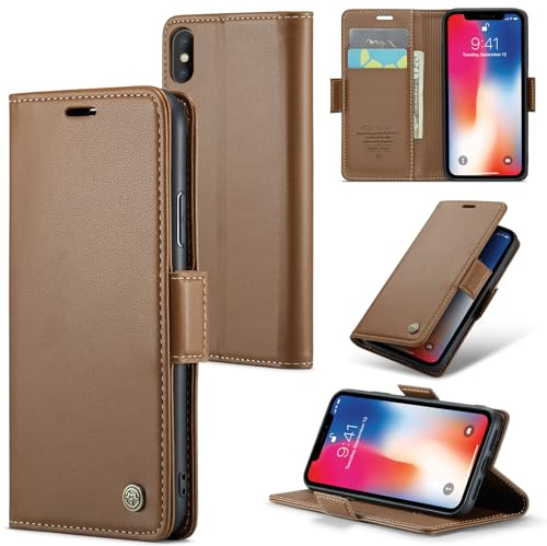 Rerzoiro Handyhülle für iPhone X Hülle, iPhone XS Hülle, Premium PU Lederhülle Klappbar Flip Case [RFID Blocker] Tasche Magnet Kartenfach Klapphülle Schutzhülle für iPhone X/iPhone XS, Braun