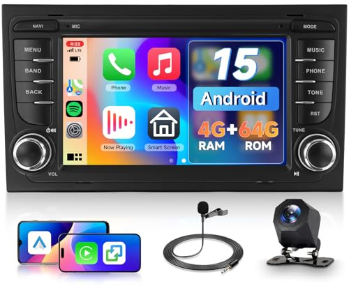 Hodozzy 4G+64G Android Autoradio für Audi A4 B6 B7 S4 B5 RS4 Seat Exeo mit Wireless Carplay Android Auto, Radio 2 Din 7 Zoll Touchscreen Bildschirmo mit Navi Bluetooth WiFi DSP FM/RDS Rückfahrkamera