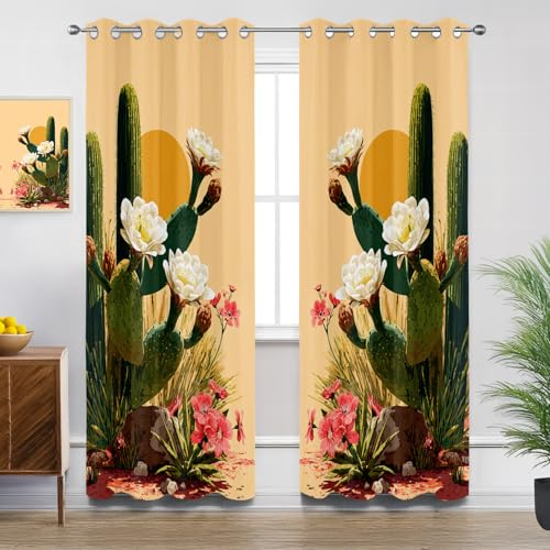 Mistela Kaktus Verdunklungsvorhänge - Gardinen Wüstenpflanze Orange Grün Blickdicht Vorhang mit Ösen Verdunklungsvorhänge für Kinderzimmer Wohnzimmer Schlafzimmer Dekoration - 2er Set - H220 x B140cm