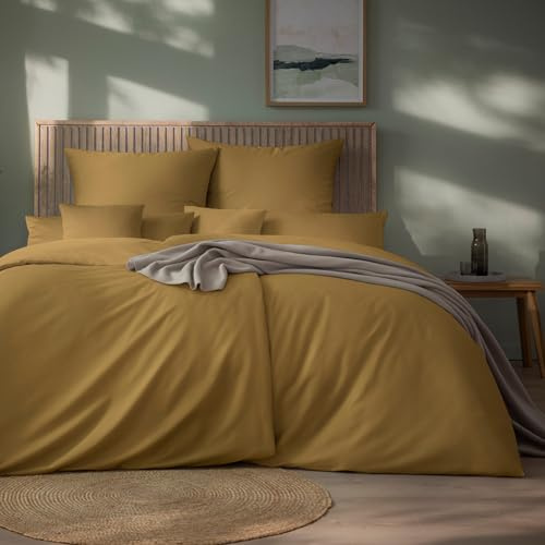 ESTELLA Mako-Satin Bettwäsche Set, 135x200 cm + 80x80 cm, Altgold | 100% Baumwolle, Deutsche Marke, Garantie Reißverschluss, Moderene Farben