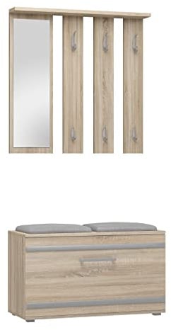 CDF Garderobe Sitzbank 6 Haken Flurgarderobe Eiche Sonoma 85x35x180 cm | Komplettset mit Spiegel, Schuhschrank mit 4 Fächern, laminierte Platte 16 mm, für Diele und Eingangsbereich