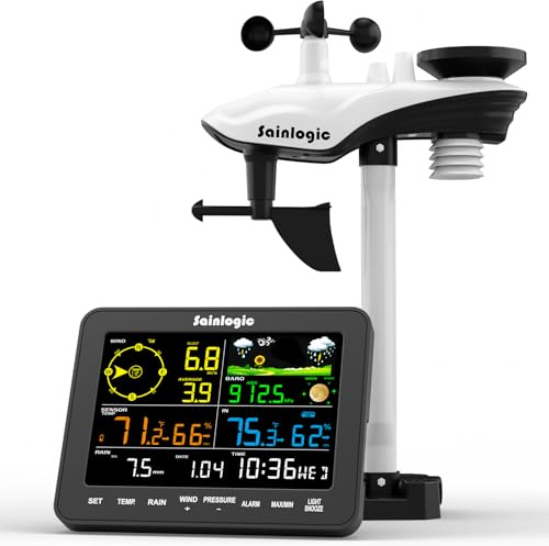 Sainlogic Stazione Meteorologica Professionale, Stazione Meteo con Sensore Esterno, Pluviometro, Anemometro, Termometro, Igrometro, Previsioni Meteo, Pressione Atmosferica, Giardino (Senza WiFi)