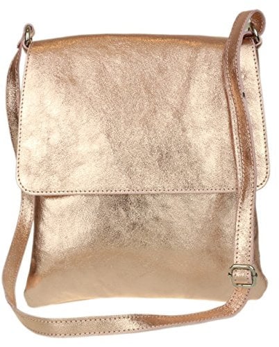 Girly Handbags Womens Genuine Soft Leather Italian Cross Body Messenger Bag Vera Plelle Shoulder Bag (Metallic Champagne)