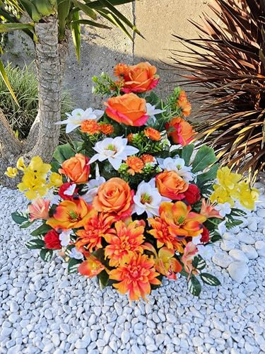 Roselynexpress Composition de Fleurs Artificielles, Lesté Ciment pour Une Très Bonne Tenue à L' extérieur. Réalisé par Nos Soins, Fleurs de Qualité.