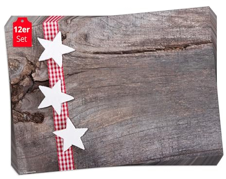 Tischsets - Platzsets Weihnachten Sterne mit kariertem Band - 12 Stück 44 x 32 cm in Aufbewahrungsmappe - Die besondere Tischdekoration für Weihnachten und Jede Weihnachtsfeier