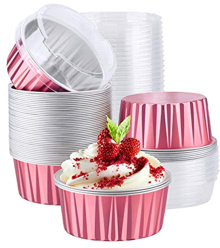 Eusoar Lot de 50 ramequins jetables 125 ml en aluminium avec couvercles, porte-cupcakes, porte-cupcakes, porte-gobelets jetables en aluminium