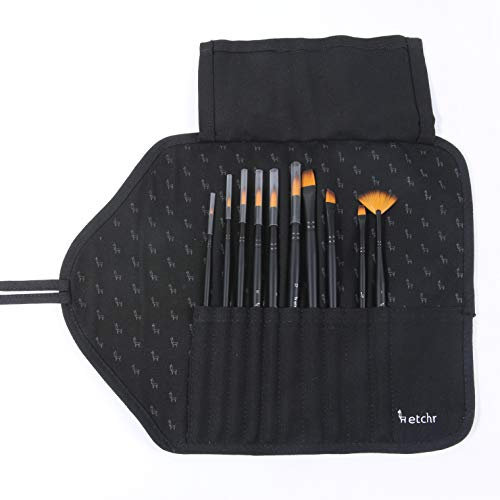ETCHR 10 Pinceles Profesionales para Acuarela Surtidos en Estuche de Transporte - Juego de Pinceles de Pintura de Detalle Ideal para Viajes Escolares y Estudios (Negro)