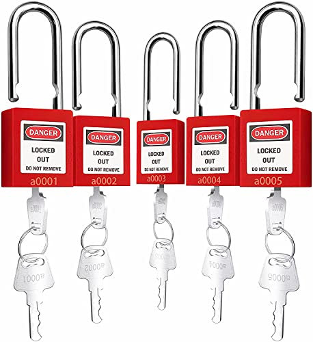 Lockout - Juego de 5 candados de seguridad OSHA Loto con llave roja para bloquear estaciones y dispositivos