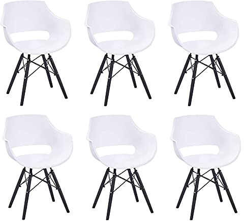 SAM 6er Set Schalenstuhl Lea, Weiß, ergonomisch geformte Sitzschale aus Kunststoff, bequemer Esszimmerstuhl im Retro-Design, schwarzes Holzgestell