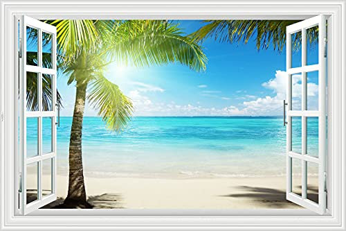 Lichi Adesivo da parete 3D per finestra, motivo: spiaggia, albero di cocco, vista paesaggio
