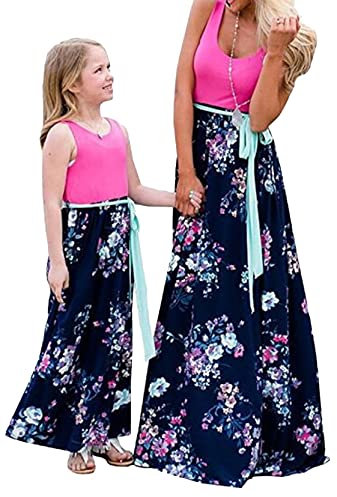 Yming Mutter und Tochter Casual Maxikleid Boho Ärmellos Kleid Bedruckt Skater Kleid Rose Blumen M