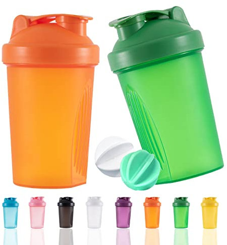 OOTD Protein Shaker Flasche 400 ml Auslaufsicher, BPA Frei, Eiweiß Shaker für Supplement Shakes mit Sieb & Skala, Fitness Mixer für cremige Whey Proteinpulver Shakes, (Orange+Green(2PCS)