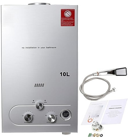 ECUTEE 10L 20KW Scaldabagno a gas di petrolio liquefatto Scaldabagno a gas propano/GPL, Scaldabagno istantaneo senza serbatoio con kit doccia, Per docce da esterno, argento