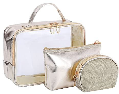GELIMY 3PCS of Large Medium and Small Travel Cosmetic Bag Organiser Bag Makeup Bag and Toiletry Pouch Gold