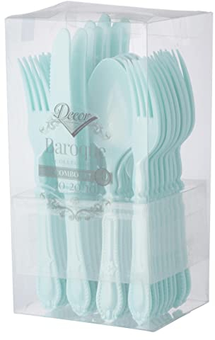 Decor Decorline - Ensemble de couverts réutilisables en plastique robuste - 40 pièces - Chacun avec 20 fourchettes, 10 couteaux et 10 cuillères - Baroque Collection - Turquoise