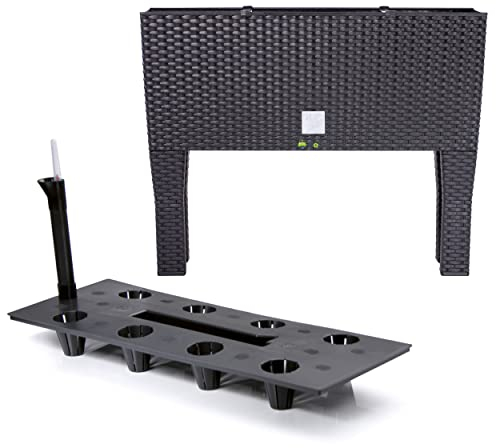 Pflanzkübel rechteckig Blumentopf mit Füßen Pflanzkasten 60 cm 30 L Anthrazit dunkel grau Blumenbank in Rattan-Optik Rato Serie mit Bewässerungssystem