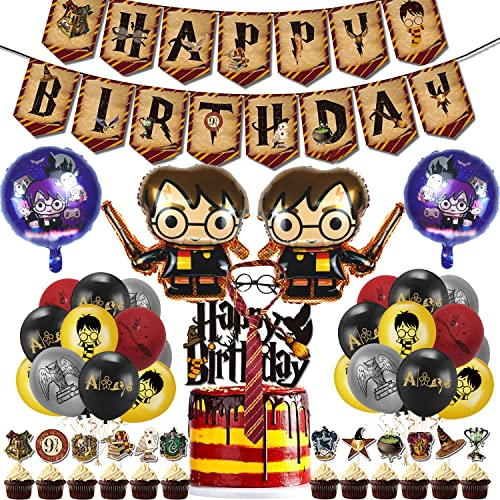 Harry Geburtstags party Dekorationen, Party zubehör– Banner, Luftballons, Kuchen-Cupcake-Topper,Brille Krawatte Folienballons für Zauberer, Schulfans, Kindergeburtstags-Gastgeschenke