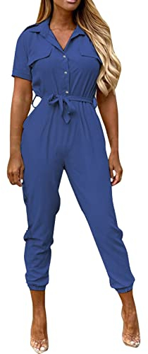 Damen Body Einteiler Sexy Pyjama Overalls für Frauen, Sommer, lässig, kurzärmliges, Button-Down-Gürtel, Arbeitsoverall, Strampler mit Taschen Overall Damen Jeans (Blue, XL)