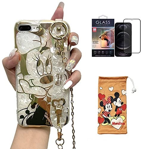 Hosiss Cartoon Case for iPhone 7 Plus/8 Plus 5.5 with HD Screen Protector, Minnie Mouse with Wrist Strap Kickstand Metal Chain Strap Soft TPU Shockproof Protective for Girls Women