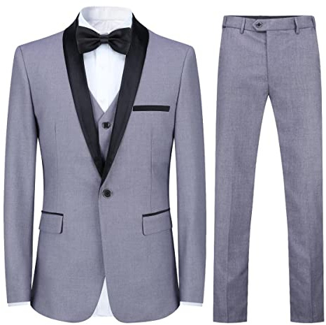 Sliktaa Mens Suits 3 Pieces Slim Fit Wedding Formal Dinner Suit Black One Button Notched Lapel Tuxedo Blazer Jacket Trousers and Waistcoat #N976 Light Grey XS