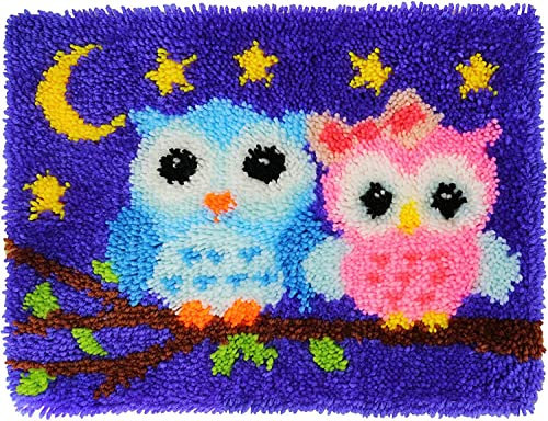 Knüpfhaken-Teppich-Set, DIY Knüpfhaken Eulen Teppich Herstellung Kit für Erwachsene Kinder, Kreuzstich-Set Teppichherstellung Kissen Nadelarbeit für Anfänger, Heimdekoration, Eulen 50 × 38 cm