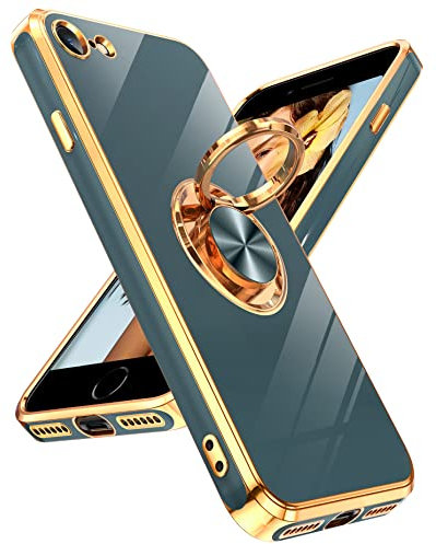 LeYi iPhone SE 2020/SE 2022/8/7 Case, Heavy Duty Protection with Built-in Ring Holder & Kickstand, Gold Edge, Gray