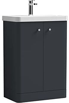 nuie COR1406 Core Modern Bathroom Floor Standing 2 Door Vanity Basin Unit with Ceramic Basin, 600mm, Soft Black