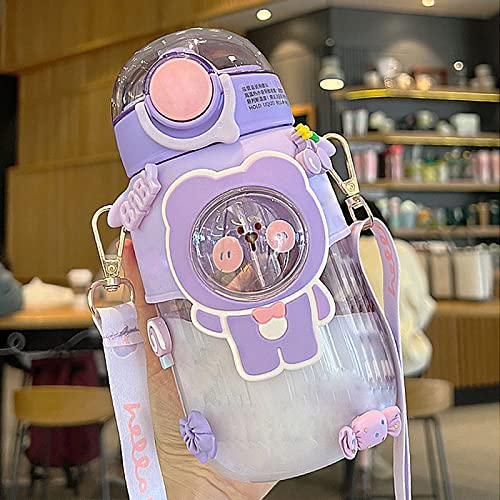 TIAASTAP Kawaii - Botella de agua con pajita, bonita botella de agua de oso con calcomanías 3D, botella de agua estética para niños con correa para niñas, niños pequeños, escuela, viajes, casa